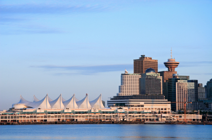 Downtown of Vancouver. Canada Place. Sunset light.